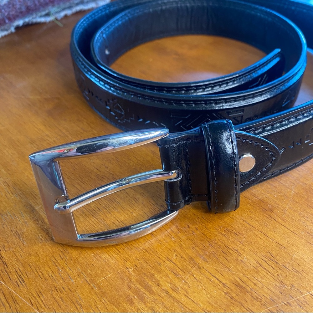 Canyon Sky Black Belt – Southwest Geometric Embossed – Silver Buckle – 44” Long